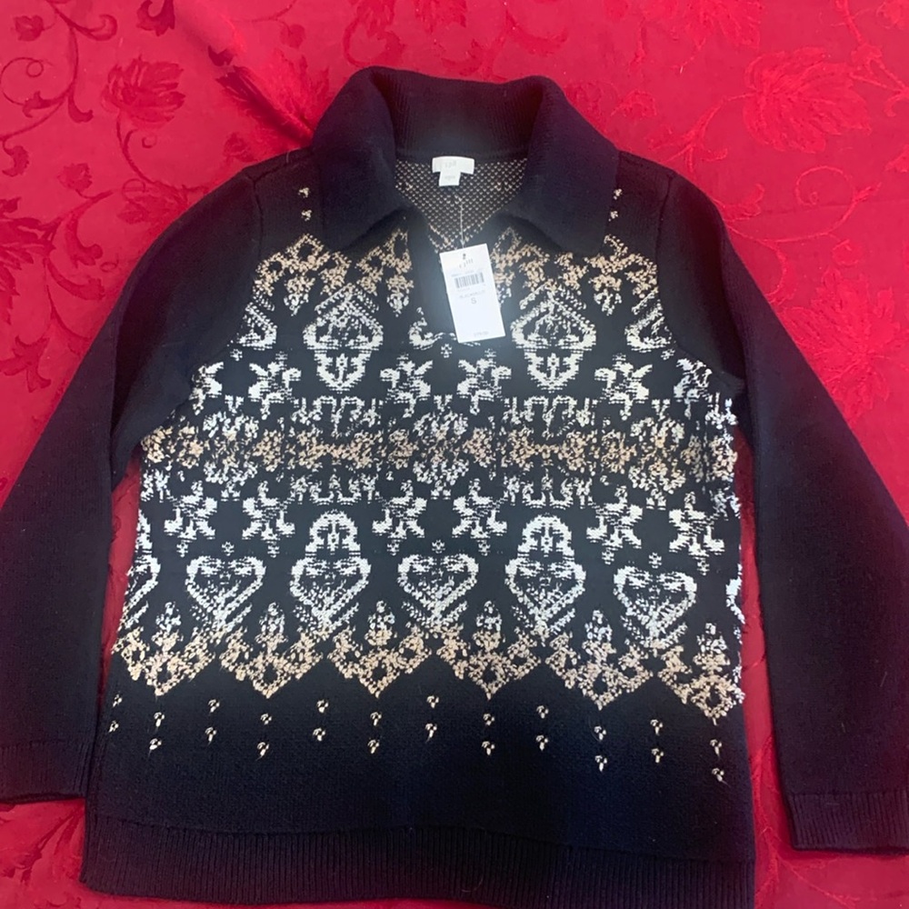 NWT J. Jill black/multi cotton blend pullover collered sweater